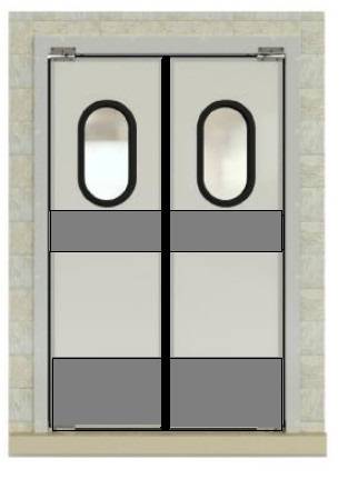 Маятниковая дверь двухстворчатая МДД(ОН)-1600.2200-40 (RAL шагрень) рама угловая, окна, отбойники Маятниковая дверь двухстворчатая МДД(ОН)-1600.2200-40 (RAL шагрень) рама угловая, окна, отбойники