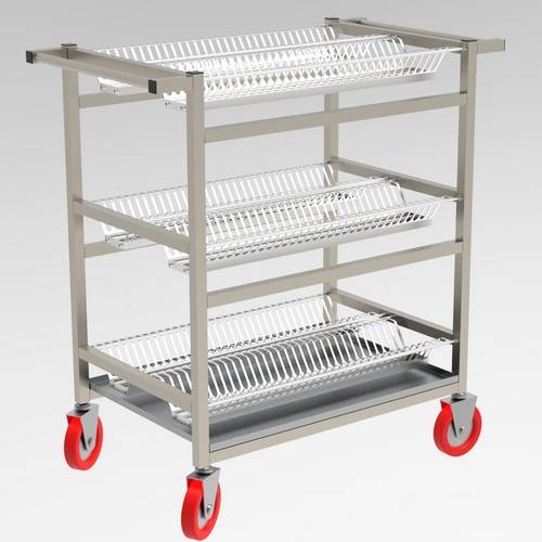 Тележка для сушки тарелок 3-х уровневая с поддоном 900*600*1140 (НЕРЖ), колеса 160мм